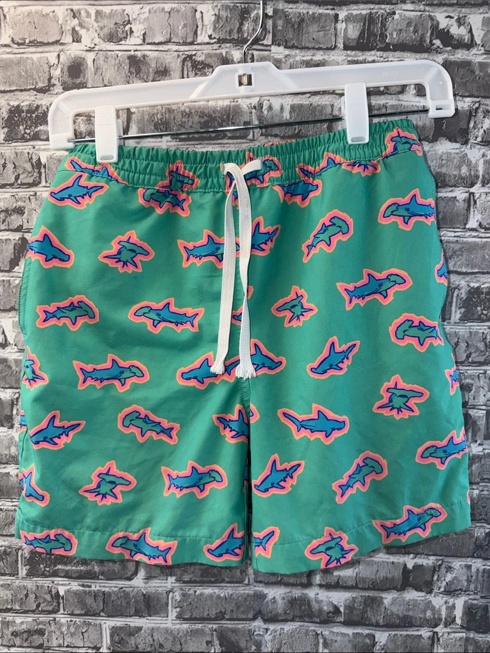Boy's chubbies Teal Swim Trunks with Neon Shark‎ Print